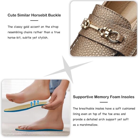 Kordal Women's Rose Gold Leather Gold Accent Buckle Slip-Ons Walking Loafers - Picture 4 of 9